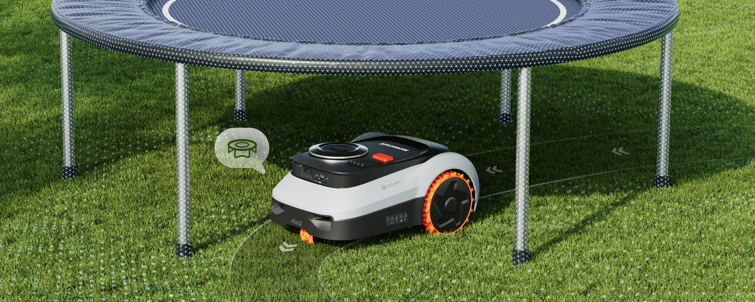 Segway Navimow i110N robot lawn mower mows under the trampoline.