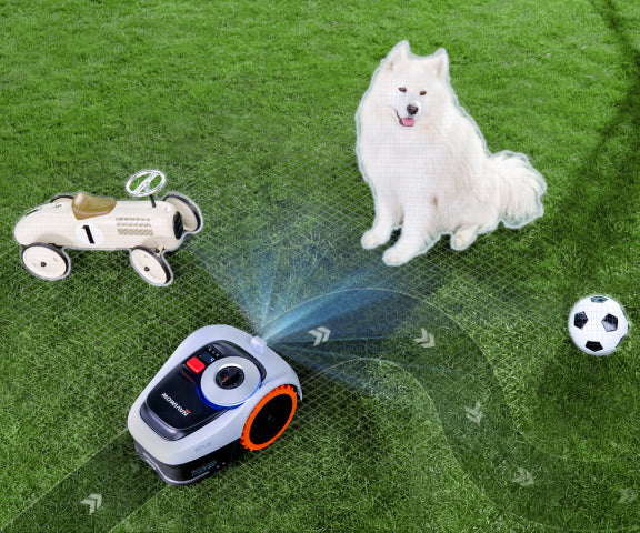 Navimow i105E robot lawn mower avoids a dog and toys.