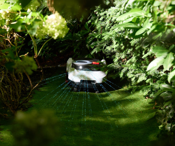 Segway Navimow i105E robot lawn mower in the lush garden.