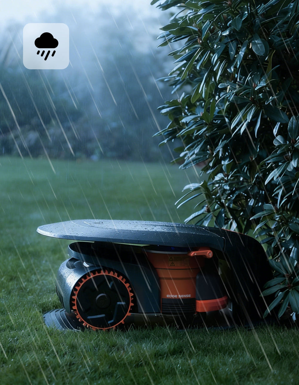 Navimow i110E robot lawn mower stays dry in the rain.