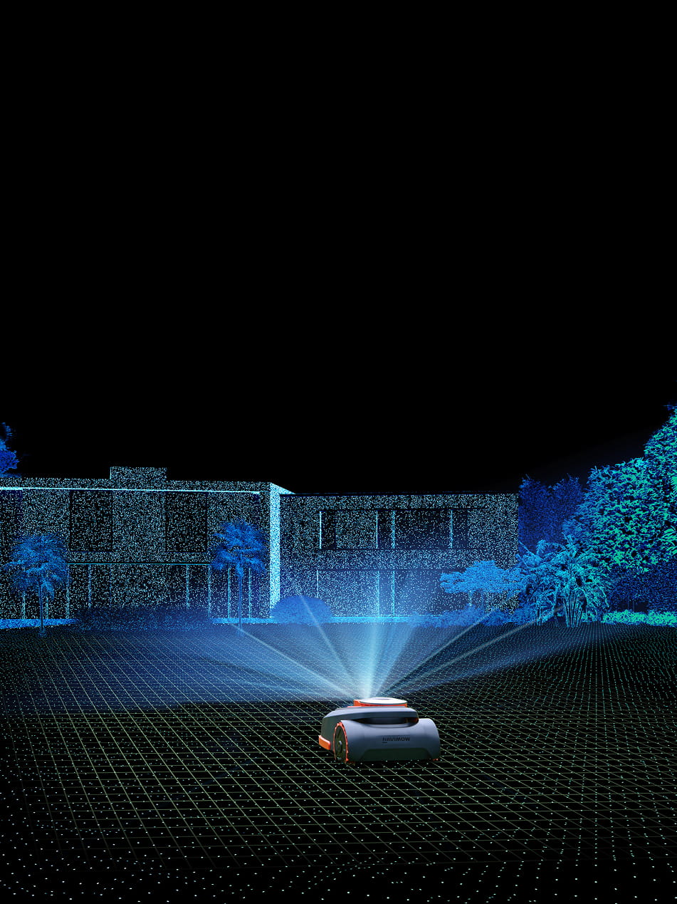 Navimow i Series robot lawn mower mapping a modern garden.