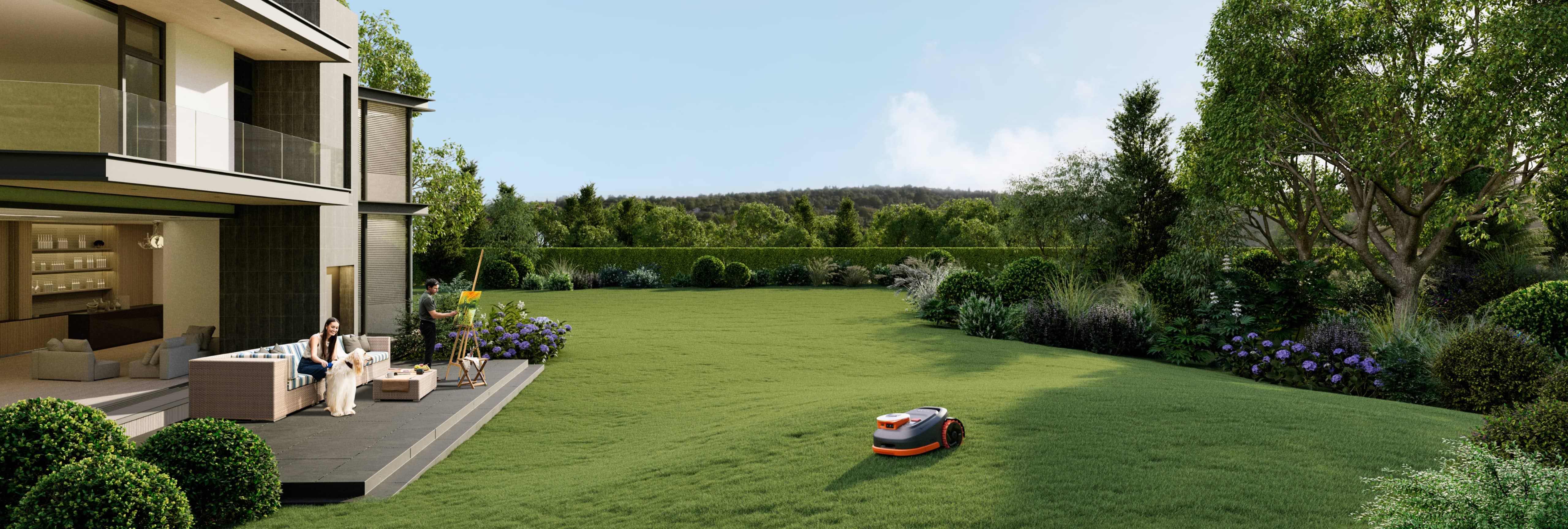 Navimow i105E robot lawn mower mows the large green lawn.