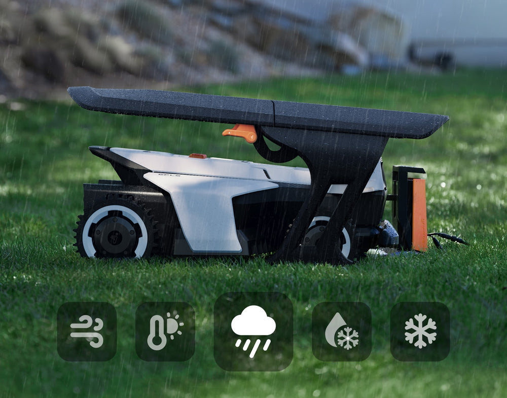 Navimow i110N robot lawn mower is parked under a shelter.