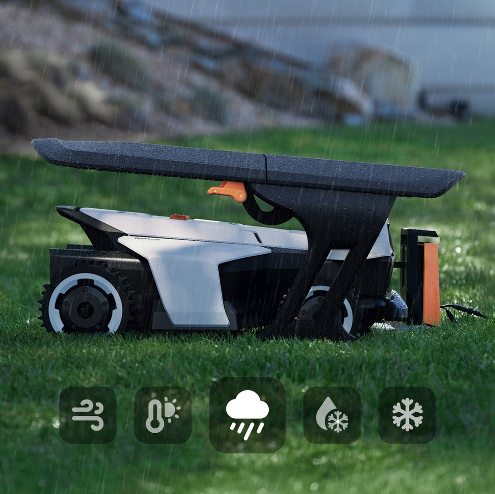 Segway Navimow i105E robot lawn mower parked in heavy rain.