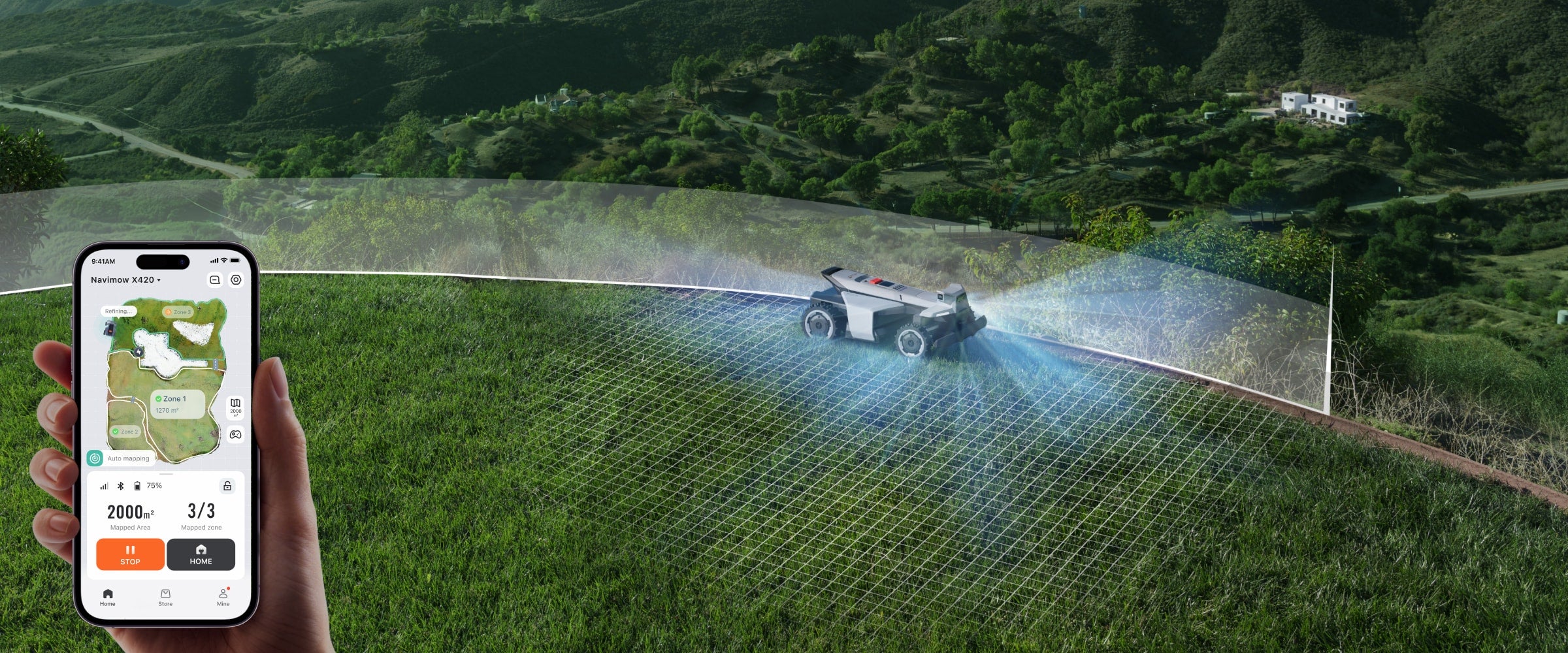 <p>Automatically recognises boundaries and builds virtual maps without perimeter walking.</p>