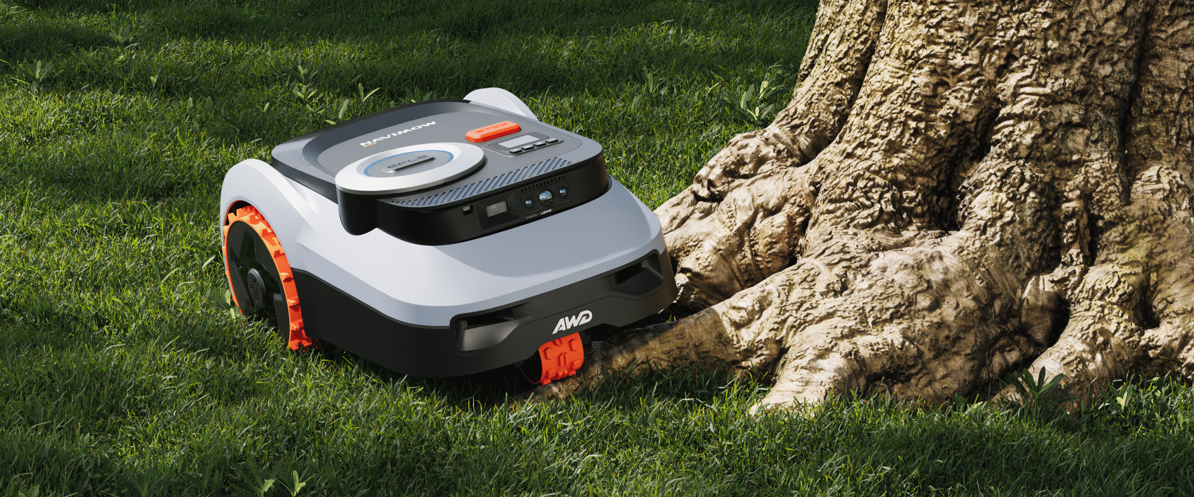 Navimow X3 robot lawn mower sits on grass near roots.