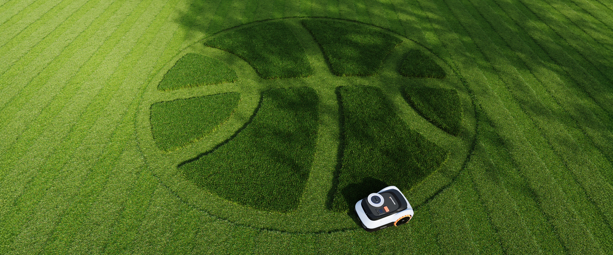 Navimow i110N robot lawn mower mows basketball pattern on grass.