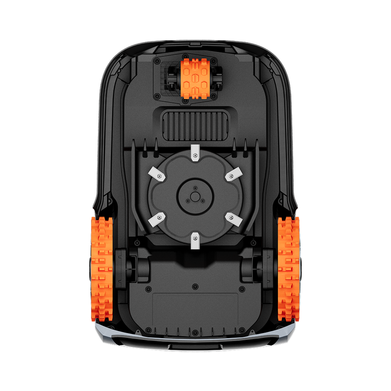 The Navimow i110E robot lawn mower is seen from below.