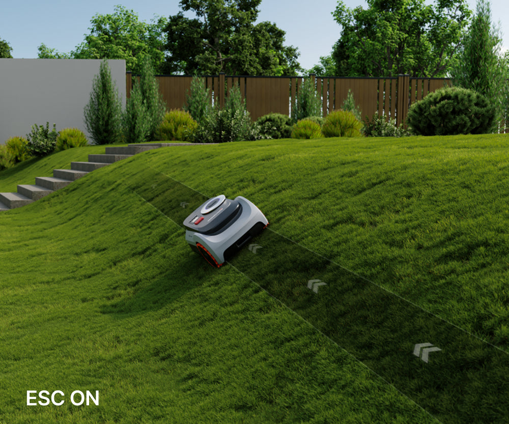 Navimow i110N robot lawn mower climbs up a steep hill.