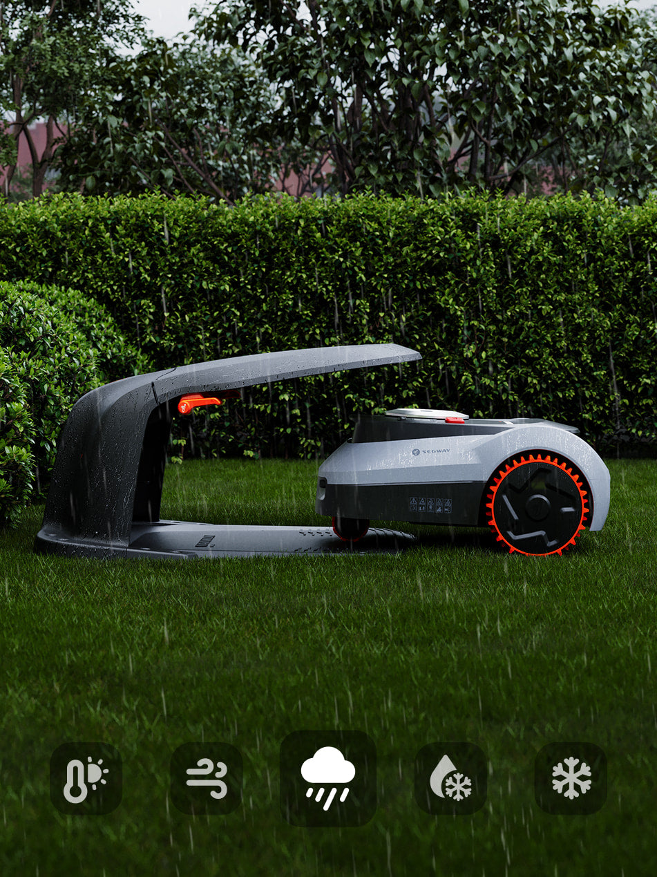 Segway Navimow i110E robot lawn mower in the pouring rain.
