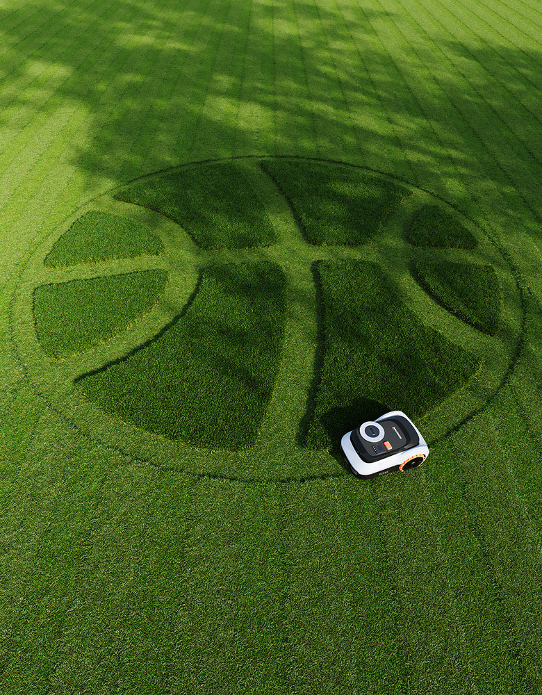 Navimow i105E robot lawn mower mows a giant grass basketball.