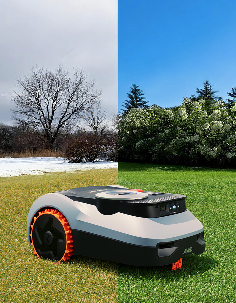 Navimow H Series robot lawn mower in winter and summer.